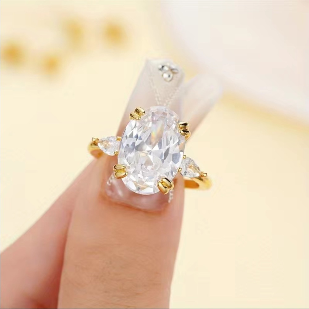 New Luxury Yellow Gold Plated Oval Diamond Ring - Picture 10 of 16